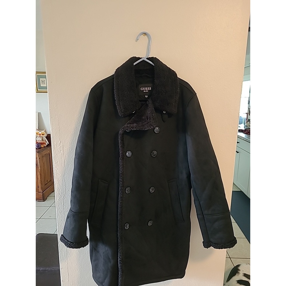 GUESS Men's Faux-Shearling Overcoat PeaCoat Large Solid Black With Buckle